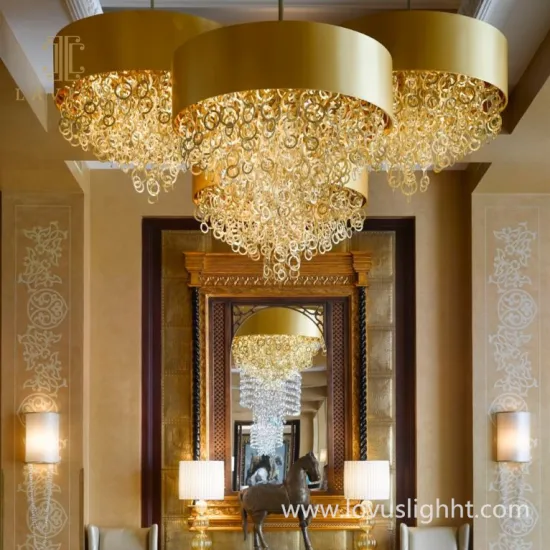 Modern luxury hotel lobby large glass chandelier k9 crystal high ceiling staircase led chandelier raindrop chandelier