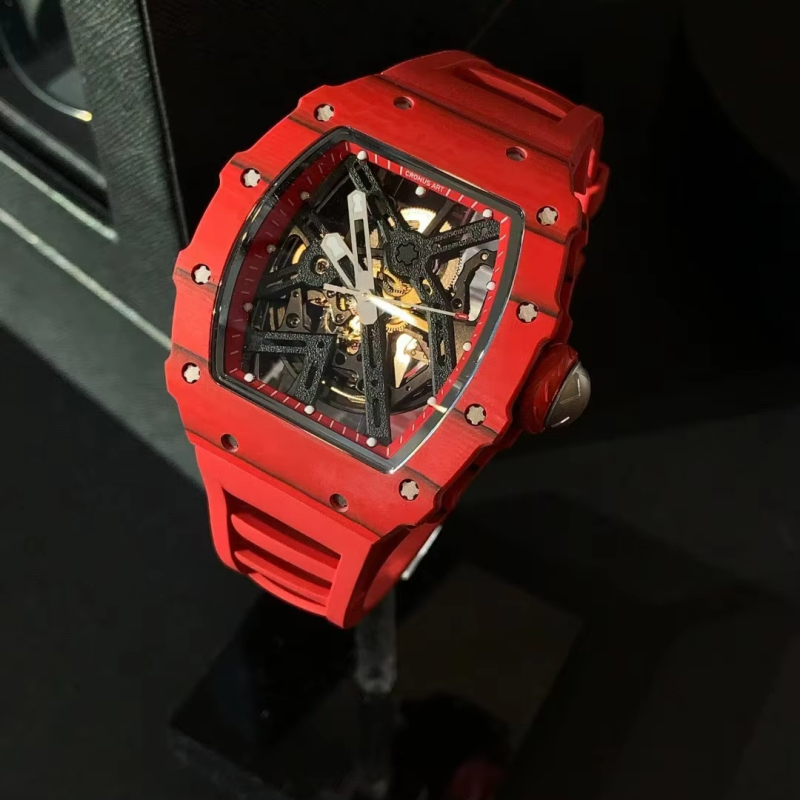 Men's Luxury Skeleton Watch with 42mm Red Carbon Fiber Tonneau-Shaped Case