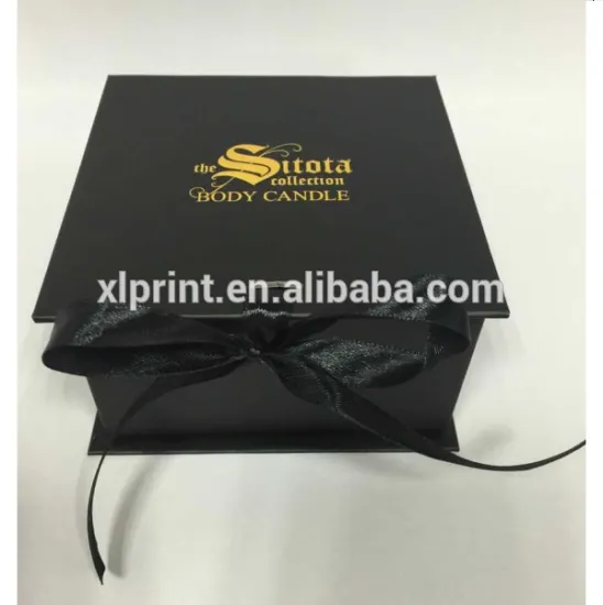 Newest ! Matt black gift paper box with ribbon closure for candle packing