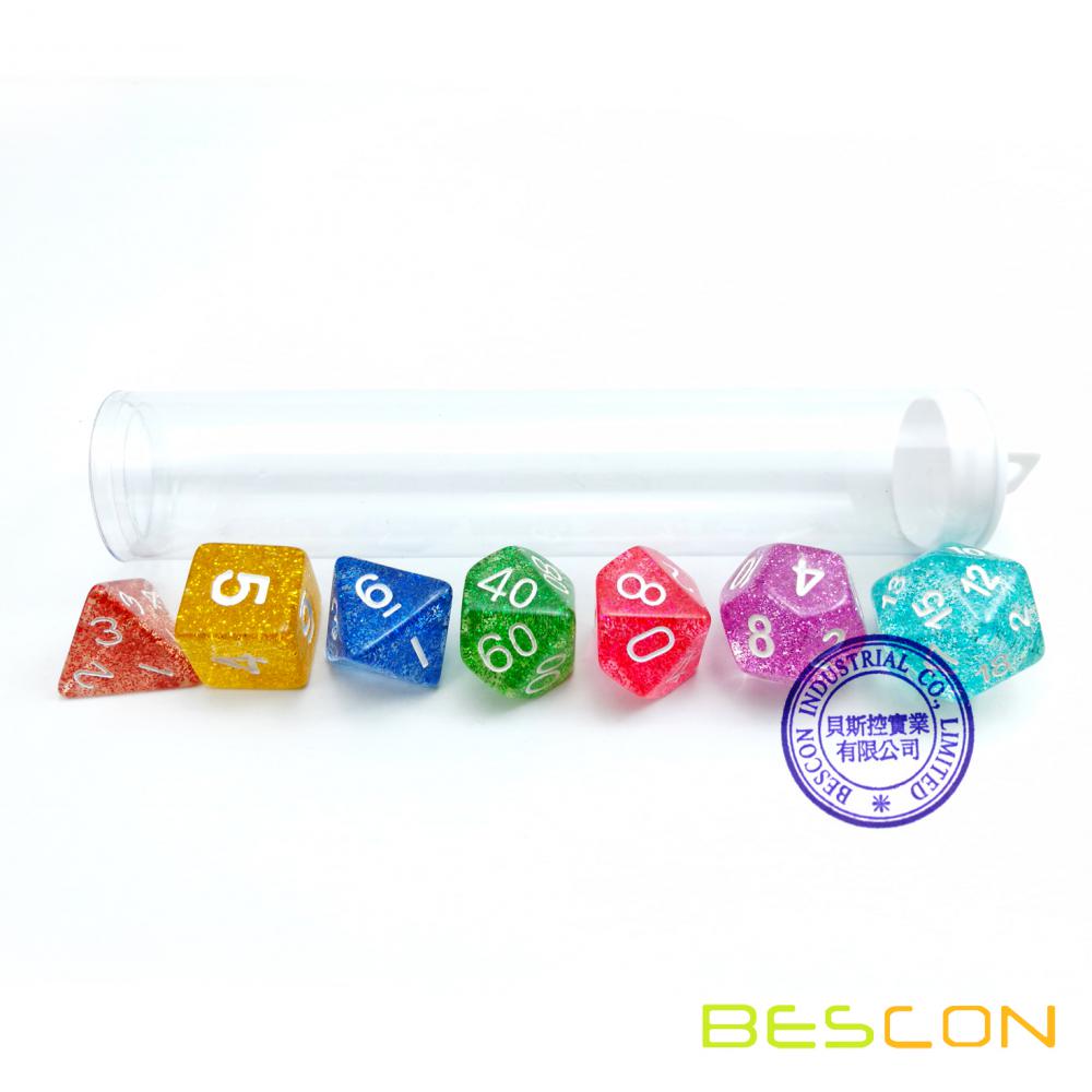 Assortiment coloré 7pcs de dés polyédrique de paillettes colorées assorties, jeu de dés de paillettes RPG d4 d6 d8 d10 d12 d20 d, emballage clair de tube