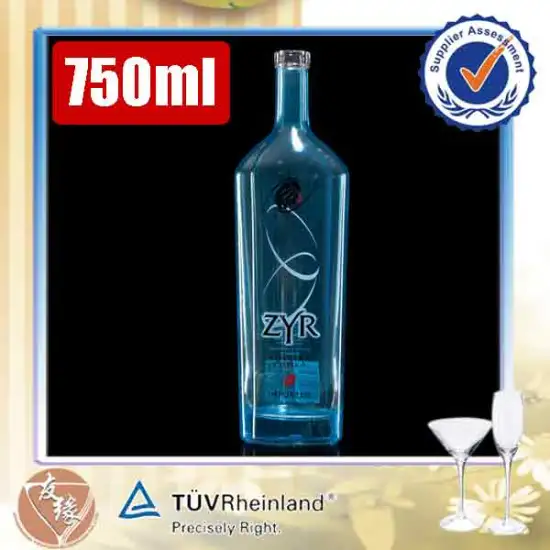 Food grade high flint glass blue color empty 750ml cork vodka bottles