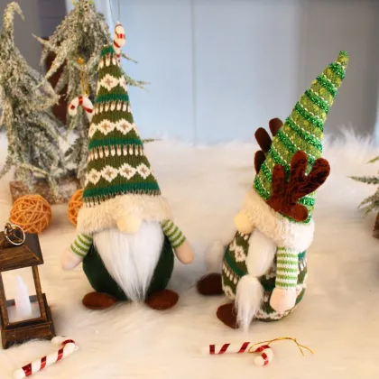 Xmas Decorations: Unique Rudolph Antlers Gnome and Faceless Elderly Doll Tabletop Figures