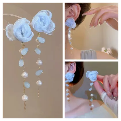Jiansha Flower Tassel Earrings Long Fabric Pearl Earrings
