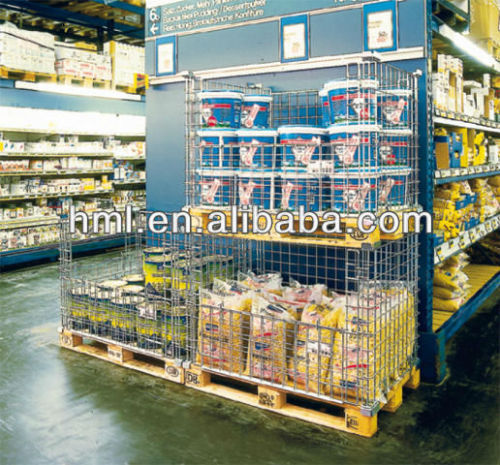 Warehouse Metal Collapsible Storage Cage with wooden pallet
