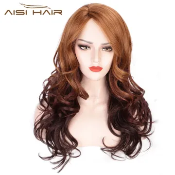 Aisi Hair Heat Resistant Synthetic Fiber Long Wavy Wigs Ombre Brown Fashion Cosplay Wigs Long Curly Wave Wigs for Women
