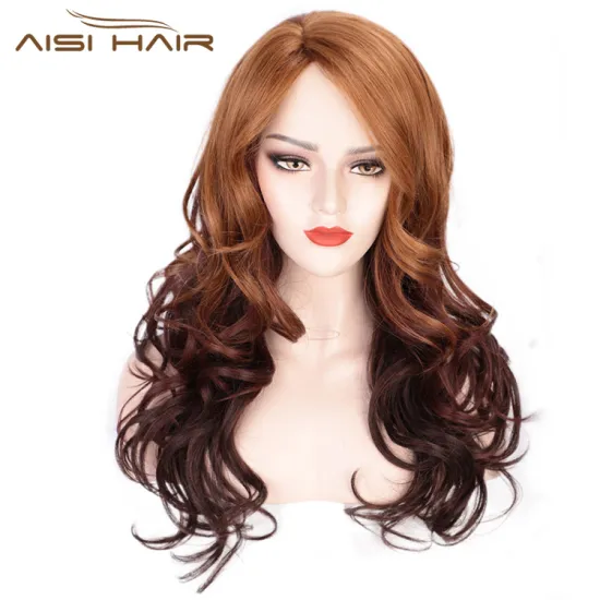 Aisi Hair Heat Resistant Synthetic Fiber Long Wavy Wigs Ombre Brown Fashion Cosplay Wigs Long Curly Wave Wigs for Women