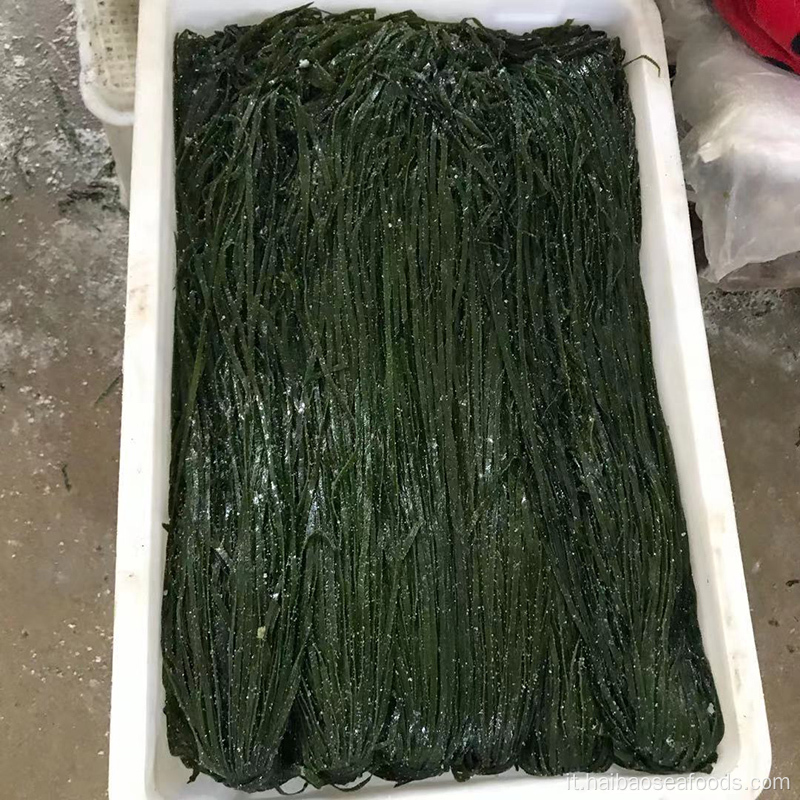Taglio del gambo di wakame salato congelato per insalata di alghe