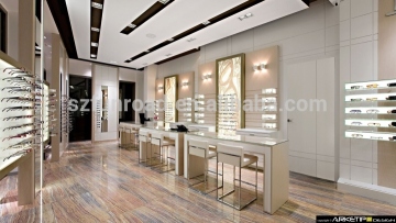 White wooden cash counter metal display racks and glass counter displays for optical store design