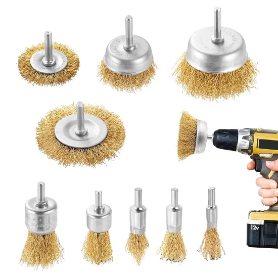 9-Piece Brass-Coated Wire Brush Wheel & Cup Brush Set: Durable Copper Brass Wire Wheels for Versatile Cleaning Tasks