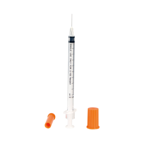 Seringa de insulina médica descartável estéril com tampa laranja