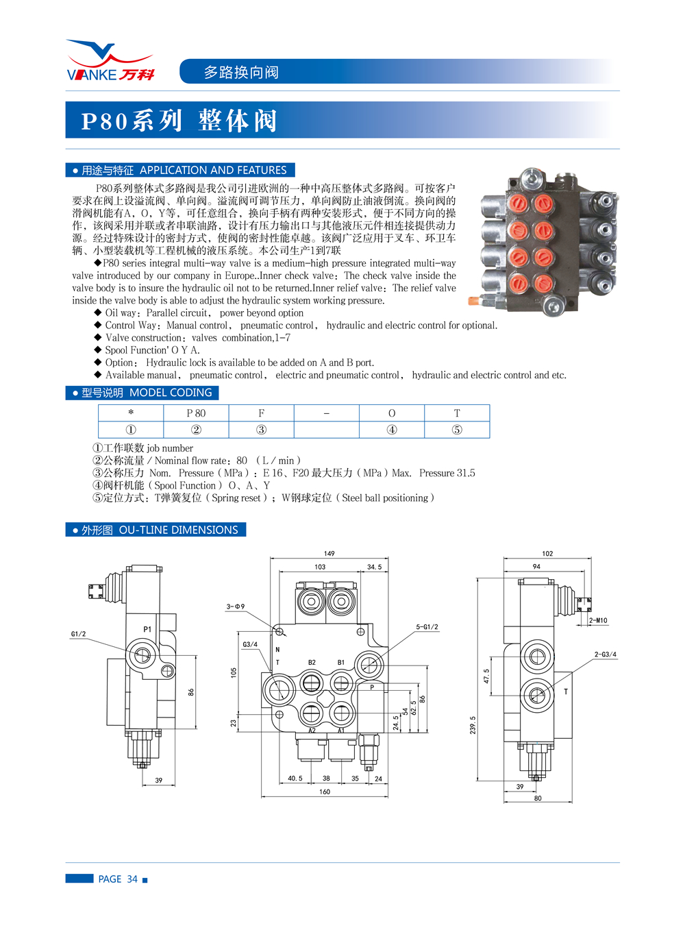 P80 Hydraulic Monoblock Directional Control Valve