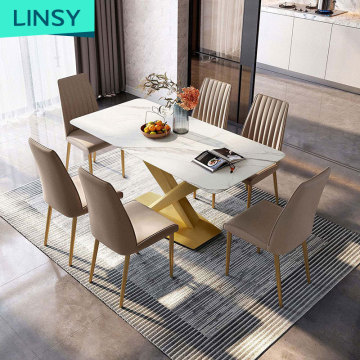 Linsy Nordic Style 8 Seater Gold Stainless Steel Dining Table and Chair Set with Granite/Marble Top