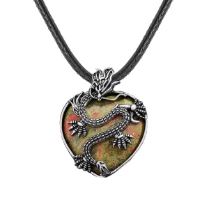 Unaktie Heart Antique Silver Dragon Gemstone Pendant (32x42mm) Necklace 45cm Black Cord