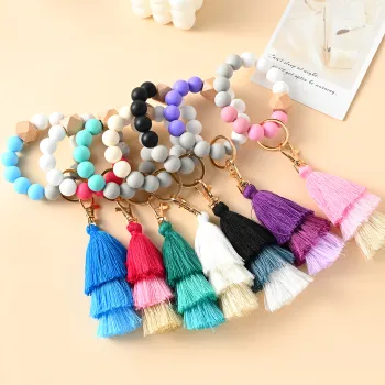 Multi Color Cotton Tassel Wood Silicone Beads Bracelet and Wristlet Keychain for Women