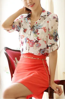 Women's 2015 flower printed short sleeve chiffon shirt