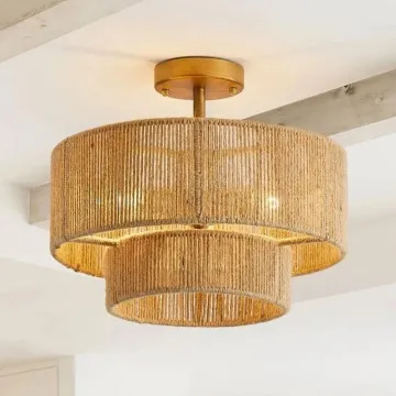 Handmade Hemp Rope Pendant Light Chandelier with Woven Iron Shade for Home Decor - RP0343