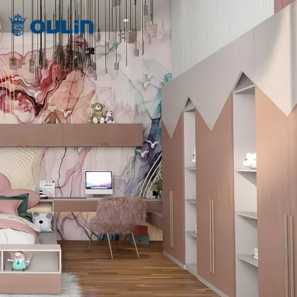 Wooden children room with wardrobes and computer desk