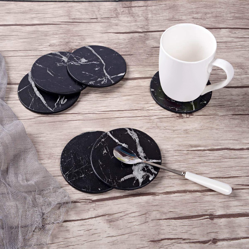 Coasters for Drinks 6-Piece with Holder,Marble Black Round Cup Mat Pad Set Of Home and Kitchen Use