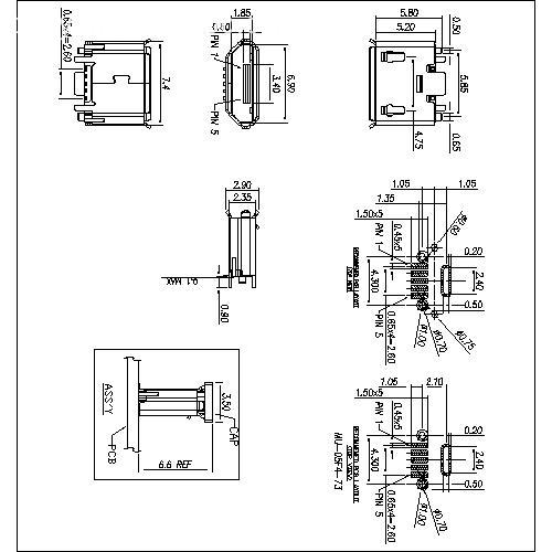 MUFM44-XXXXXC Micro USB 5P Receptacle B Type Vertical SMT With or without Locating Pegs MUFM44-XXXXXC Micro USB 5P Receptacle B Type Vertical SMT With or without Locating Pegs