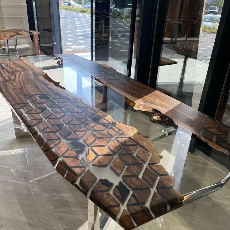 Free Logo Home Furniture Direct Solid Walnut Wood Cafe Coffee Kitchen Restaurant Epoxy Resin Slab River Dining Table