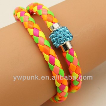 Supply DIY inlaid rhinestones crystal bangle polymer clay magnetic clasp two circles multicolor PU leather fluorescent bracelet