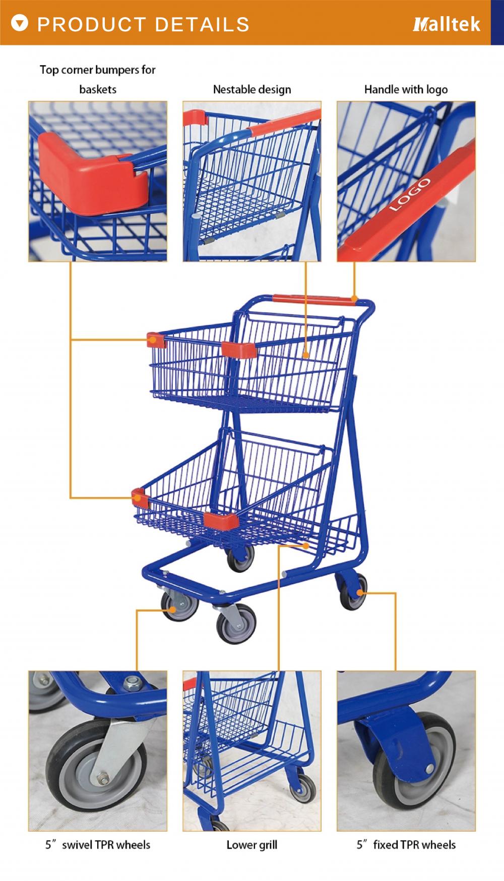 Store Two Layers Metal Shopping Basket Trolley