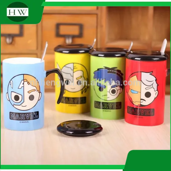 creative wholesale marvel water tea milk coffee mug cup with handle and lid and spoon
