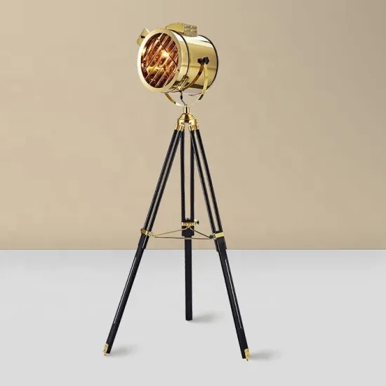 Industrial Vintage Brass and Wood Tripod LED Floor Lamp for Living Room