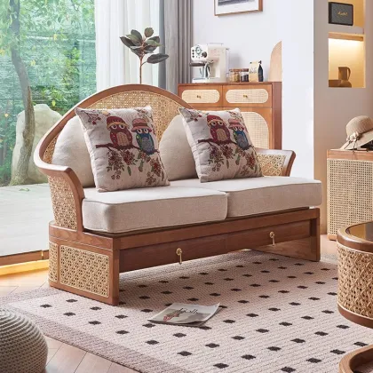 Nordic Vintage Living Room: Simple Casual Solid Wood Rattan Sofa for New Chinese Villa Homestay