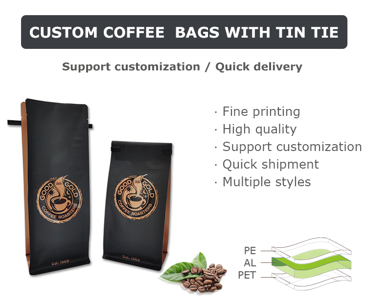 Customized Logo Printing Resealable Tin Tie Aluminum Foil Block Pouches Flat Bottom Coffee Bags Pouches With Valve