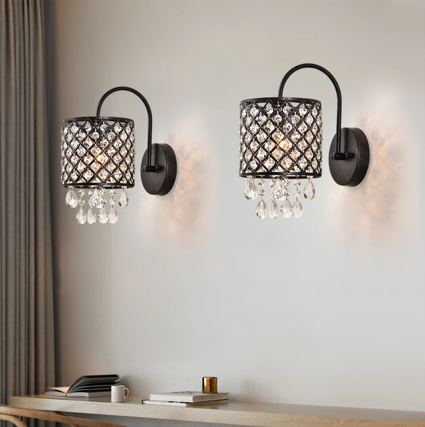 Erelina Dimmable Black Iron and Crystal Armed Sconce (Set of 2) (3)