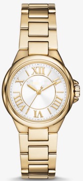 33mm Gold Tone Round Roman Numeral Stainless Steel Quartz Watch For Office Ladies