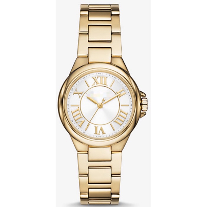 Reloj de cuarzo de acero inoxidable con números romanos redondos en tono dorado de 33 mm para damas de oficina