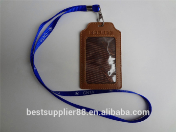 BROWN PU LEATHER ID BADGE CARD HOLDER with NECK STRAP SWIVEL LOBSTER CLAPS LANYARD attached