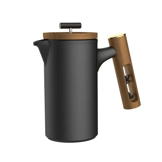 DHPO Cafe Style Ceramic French Press Coffee Maker with Wooden Handle and Glass Timer - New Arrival