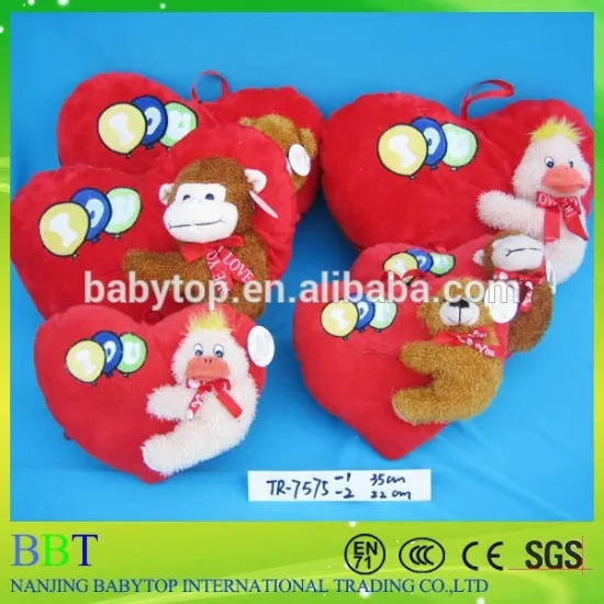 Valentine plush gifts soft heart shaped pillow with soft animal toy
