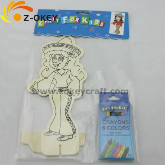 latest style Wooden toys carved cute girl shape painting board with colorful crayons