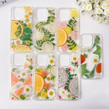 Glitter przezroczysty naciśnięty sucha futerał na telefon z owocami kwiatowymi na iPhone 16 pro max