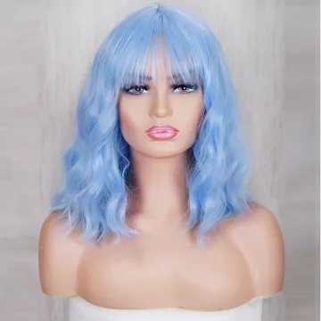 Blue Wavy Wig with Flat Bangs 14" Synthetic Natural Hair Heat Resistant Fiber Cosplay Wig for Women