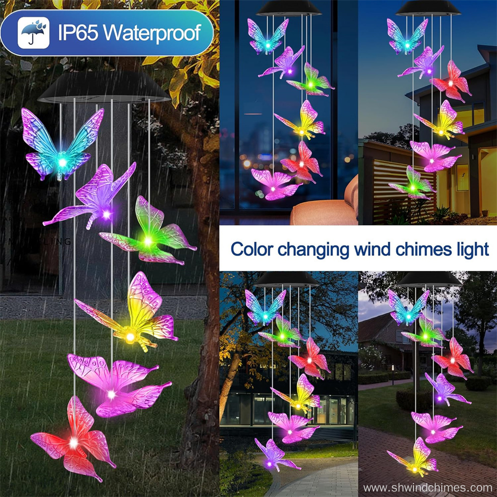 Purple Butterfly Solar Wind Chimes for Outdoor Use with Color Changing Feature
