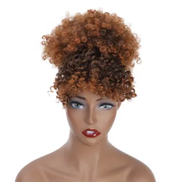 Vigorous Wholesale Price Afro Puff With Bangs Ponytail Hair Extension Fiber Ombre Brown For Black Women Synthetic Afro Hair Bun