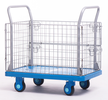 4-Wheel Rolling Cart with 5-Inch Wheels, 300kg Capacity: Silent, Welded Wire Mesh Fence and Plastic Platform, 900x600mm - Ideal for Warehouse Cargo Handling