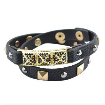 Black leather/with gun black rhinestone/golden rivet PU leather bangles, OEM/ODM orders are accepted