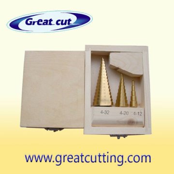 3 pcs step drill bits in wooden box