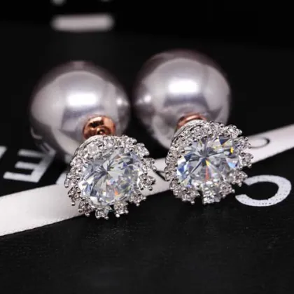 Zircon Crown Shell Pearl Earring Two-side Gold Pearl Earring