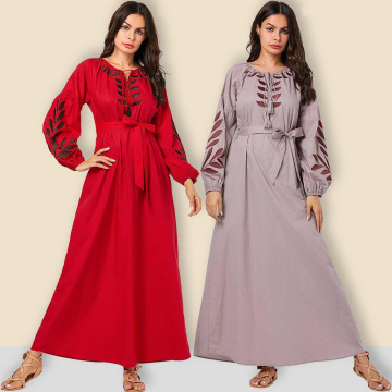 Women Maxi A-line Abaya Dresses Embroidery Lace-up Lantern Sleeve Kimono Muslim Long Dress Dubai Turkish Kaftan Islamic Clothing