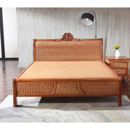 Simple Solid Wood Rattan Bedroom Furniture Bed