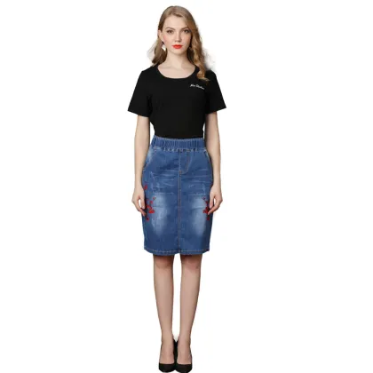 Rose Embroidery Slit Women Denim Jeans Skirt