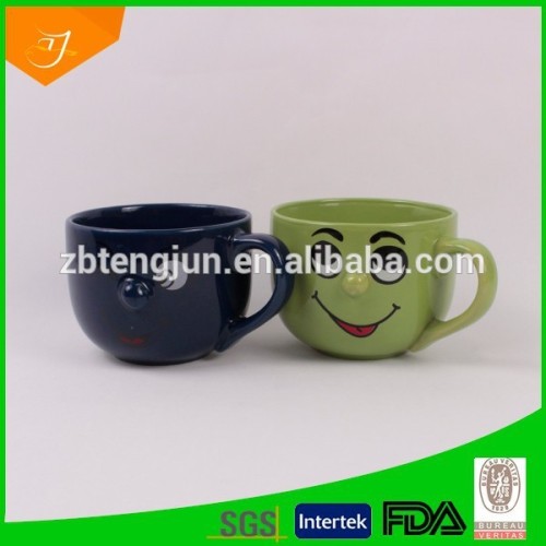 color glazed mug, embossed soup mug, ceramic mug with smile face design