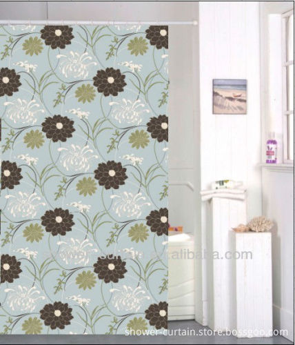 brown polyester fabric printed flower shower curtain